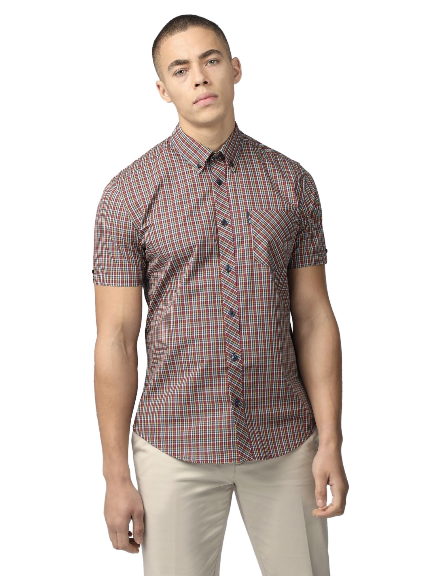Ben Sherman Mens Mini Gingham Check Shirt Short Sleeved (Scarlett) L