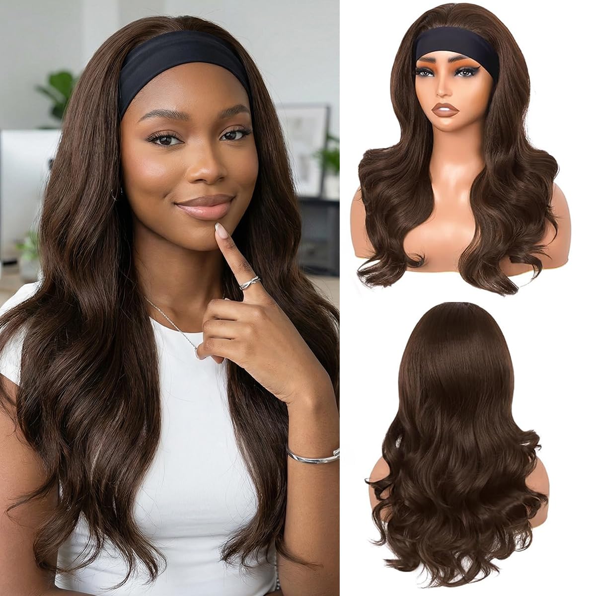 Emistar Wavy Headband Wig Loose Body Wave Glueless Synthetic Hair for Black Women None Lace Front Wigs Headband Wigs 150% Density (Chestnut Brown)