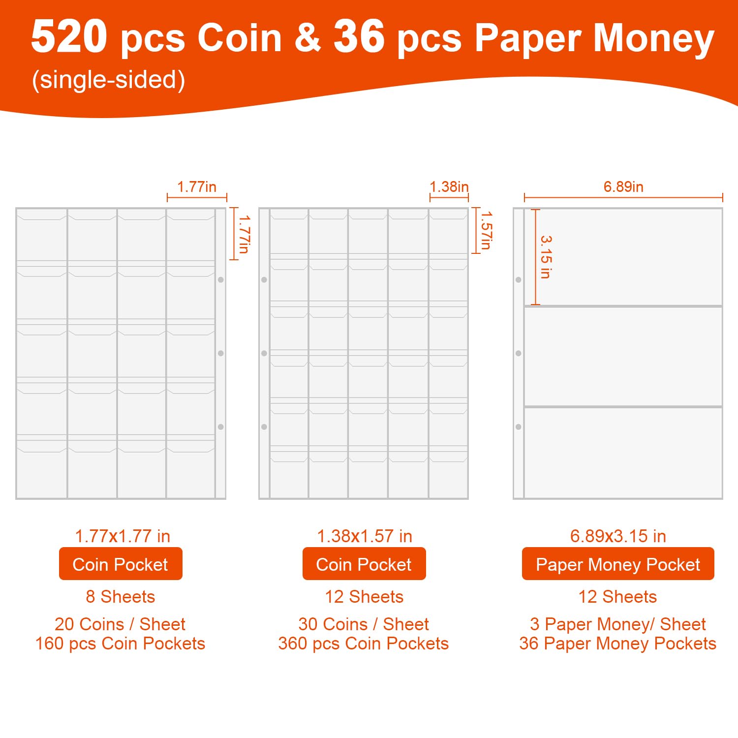 Soporte para libros de colección de monedas para coleccionistas, álbum de colección de monedas ignífugo de 520 bolsillos y 36 fundas de almacenamiento de dinero para suministros de colección de