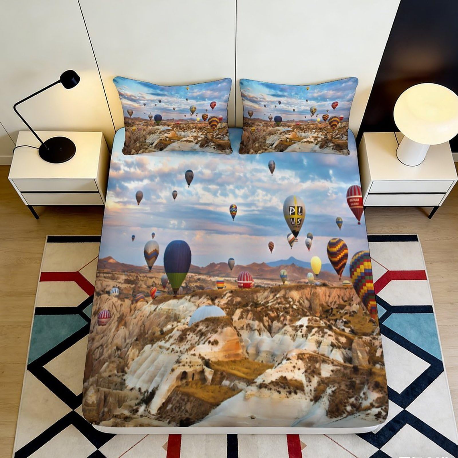 3D Printed Hot Air Balloons Fitted Sheet Microfiber Soft Durable Sky Landscape Bed Cover for Bedroom Dormitory Guest Room Mattress Protection 120x200x25cm
