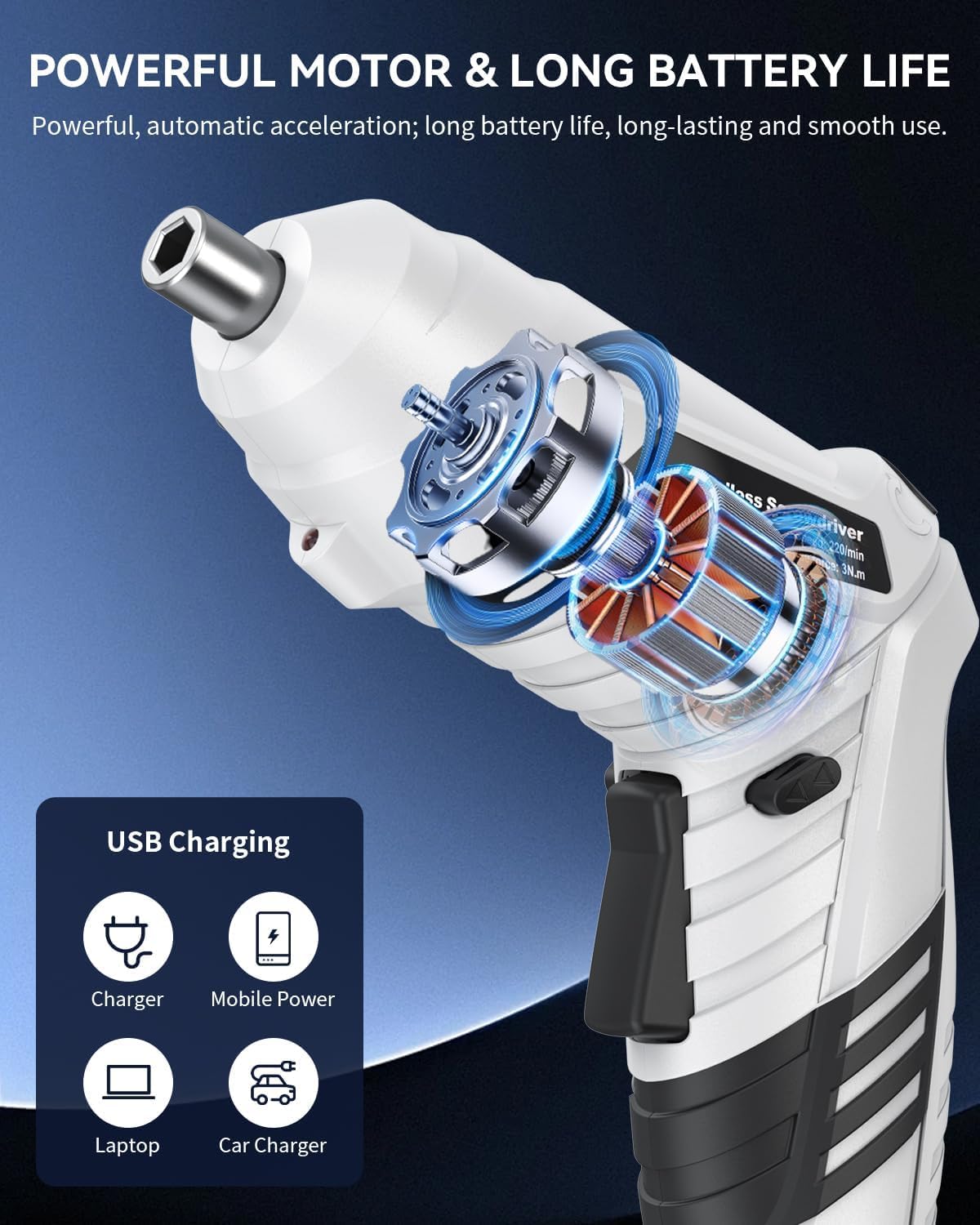 SHAVINGFUN Atornillador,Destornillador Eléctrico, Baterías con 47 Accesorios,Velocidad Máxima 180 RPM,Cargador USB 1300mAh y Mango Regulable en 2 Posiciones,LED,Caja Compacta