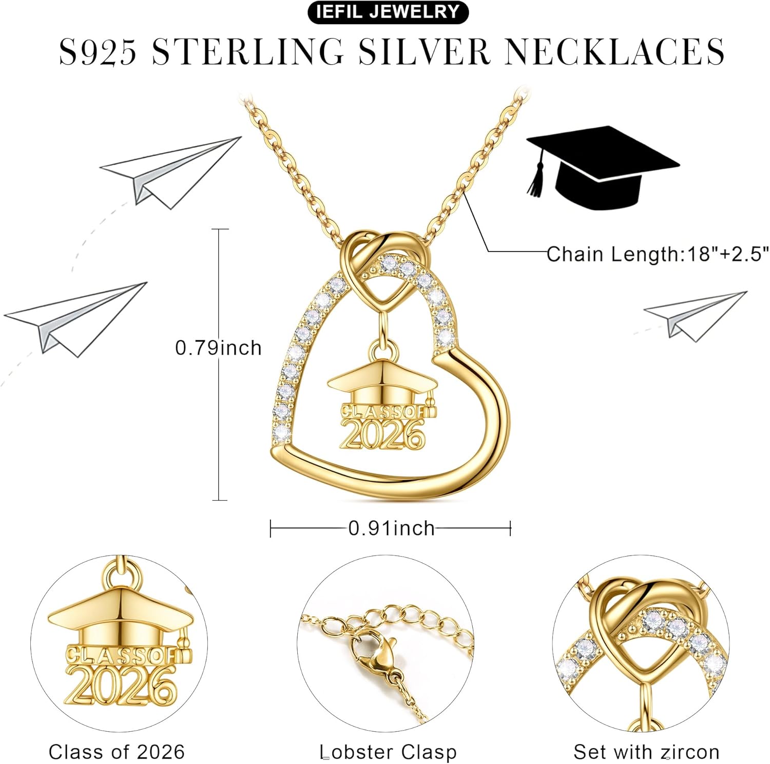 Iefil 2026 Graduation Gifts for Her - 925 Sterling Silver Heart Graduation Necklace