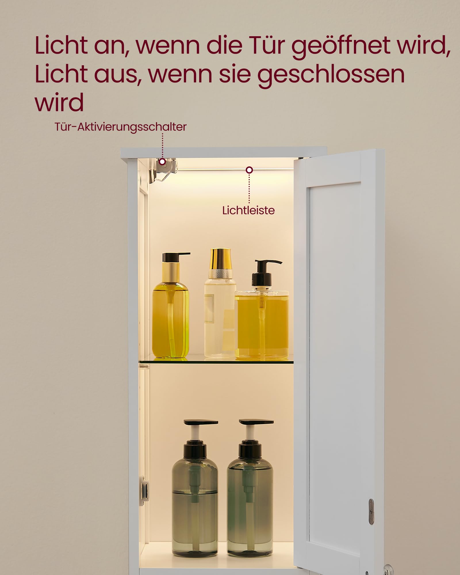 VASAGLE Badezimmerschrank mit Beleuchtung, hoch, schlanker Badschrank, Aufbewahrungsschrank mit verstellbaren Ablagen, offene Fächer, für kleine Räume, wolkenweiß BBC566W03