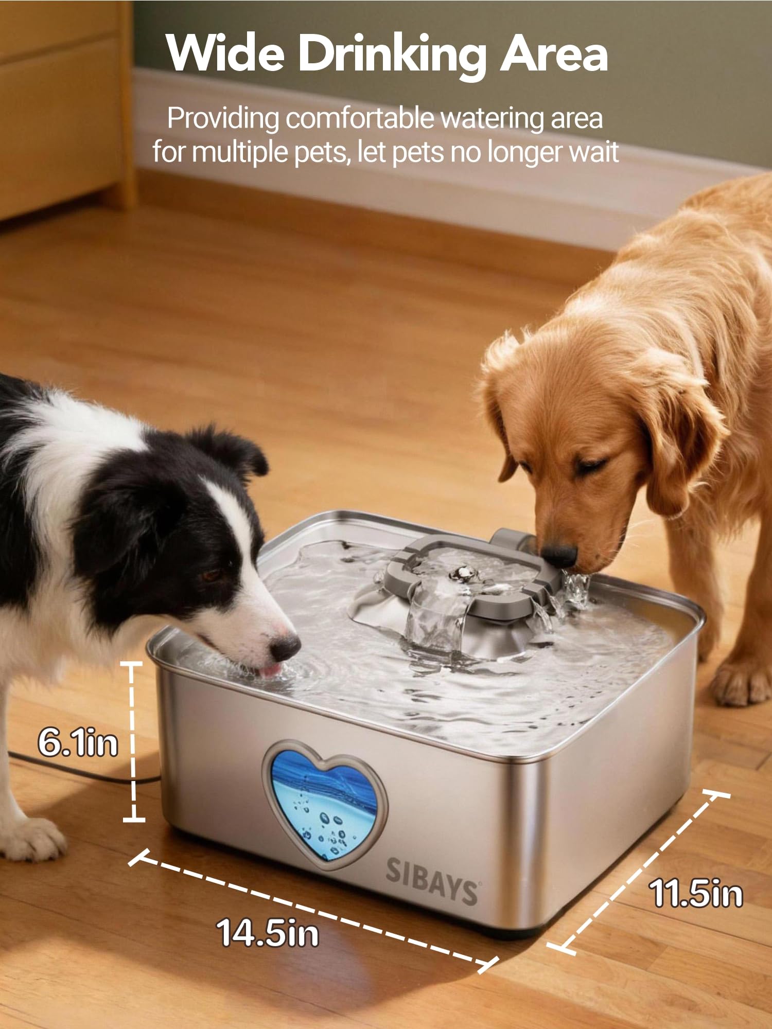 SIBAYS 15L Large Dog Water Fountain, 4 Gal Stainless Steel Pet Water Fountain for Dogs Inside, Ultra Quiet Automatic Dog Water Bowl Dispenser with Water Level Window & LED Light, Easy to Clean FS80 - image 7