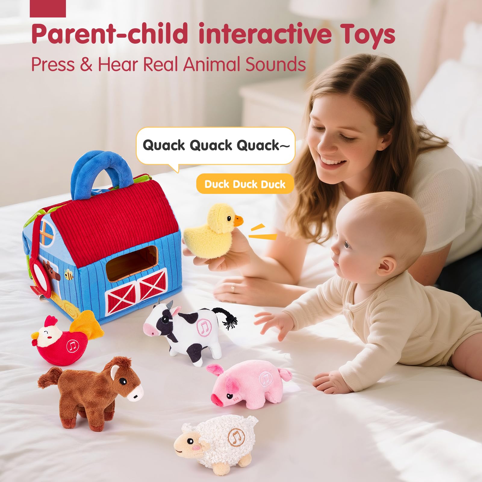 hahaland Giochi Bambini 1 Anno - Fattoria Sonora in Peluche, con 6 Animali Morbidi e Suoni Realistici, Gioco Educativo Bambino Montessori Sensoriale Regalo 6 12 18 Mesi