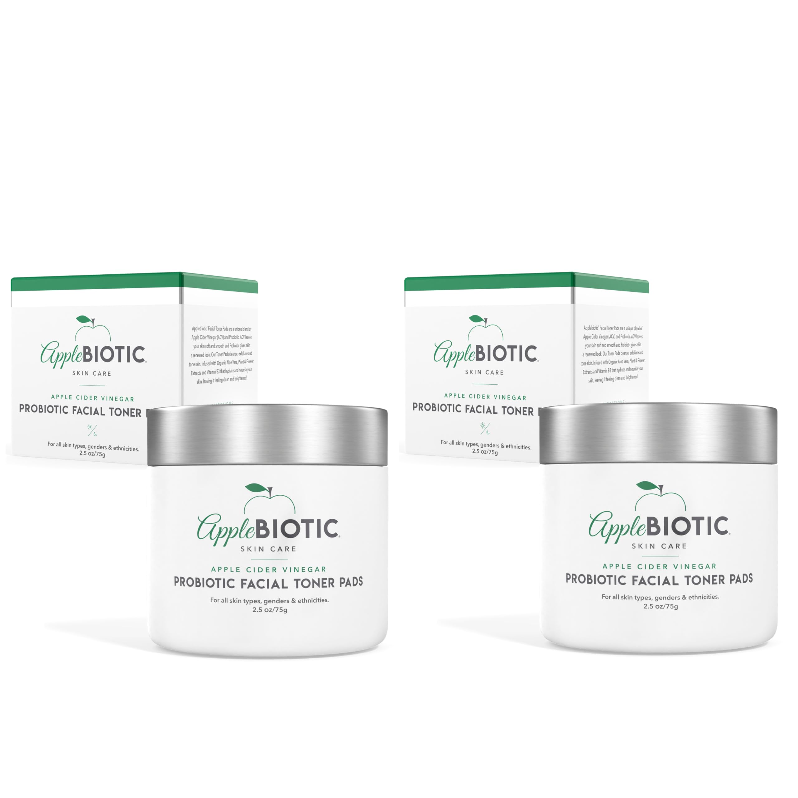 Apple Cider Vinegar Face Toner Pads - Exfoliating & Hydrating Toner for All Skin Types, Probiotic Extract, Aloe, Green Tea - Pack of 2