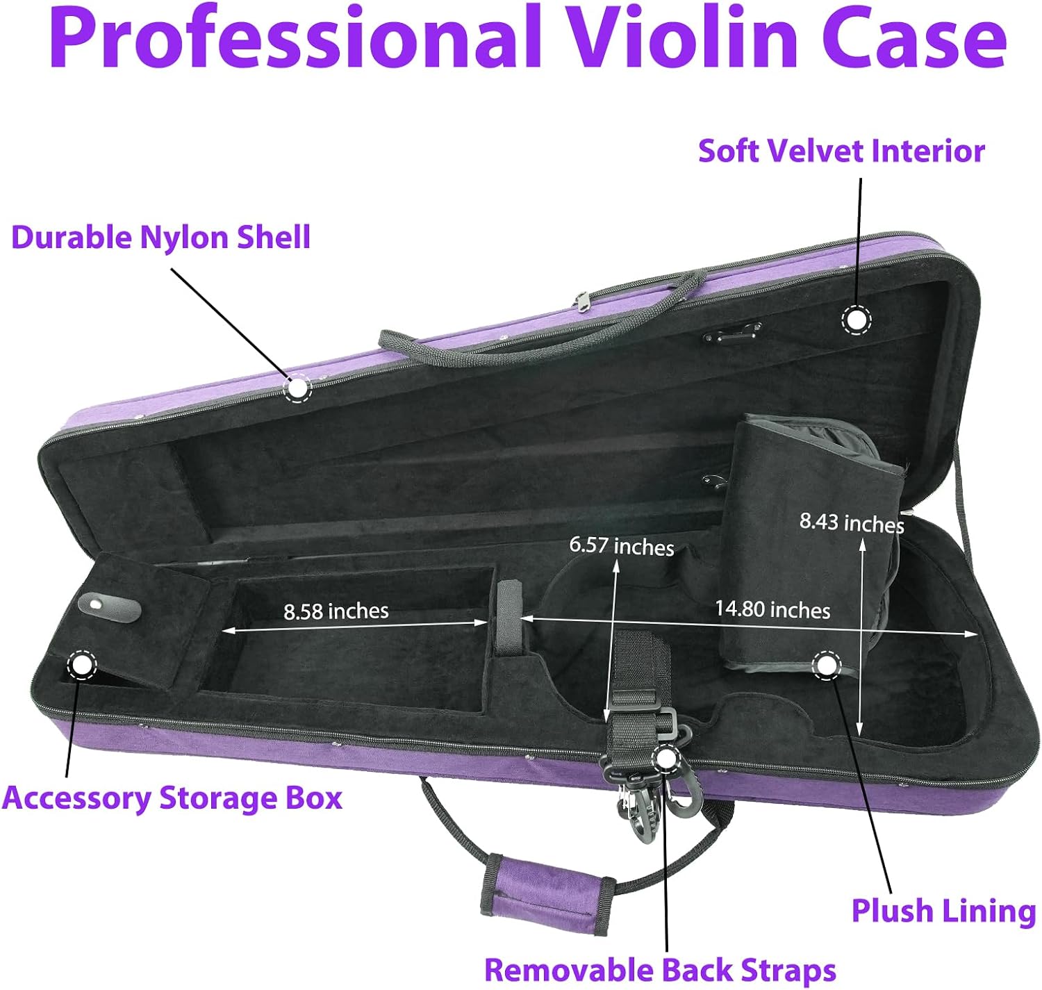4/4 Full Size Violin Case, Triangular Lightweight Portable Travel Carrying Bag with Shoulder Straps, Plush Lining, Reinforced Frame, Nylon Waterproof, Ideal for Students & Players, Purple