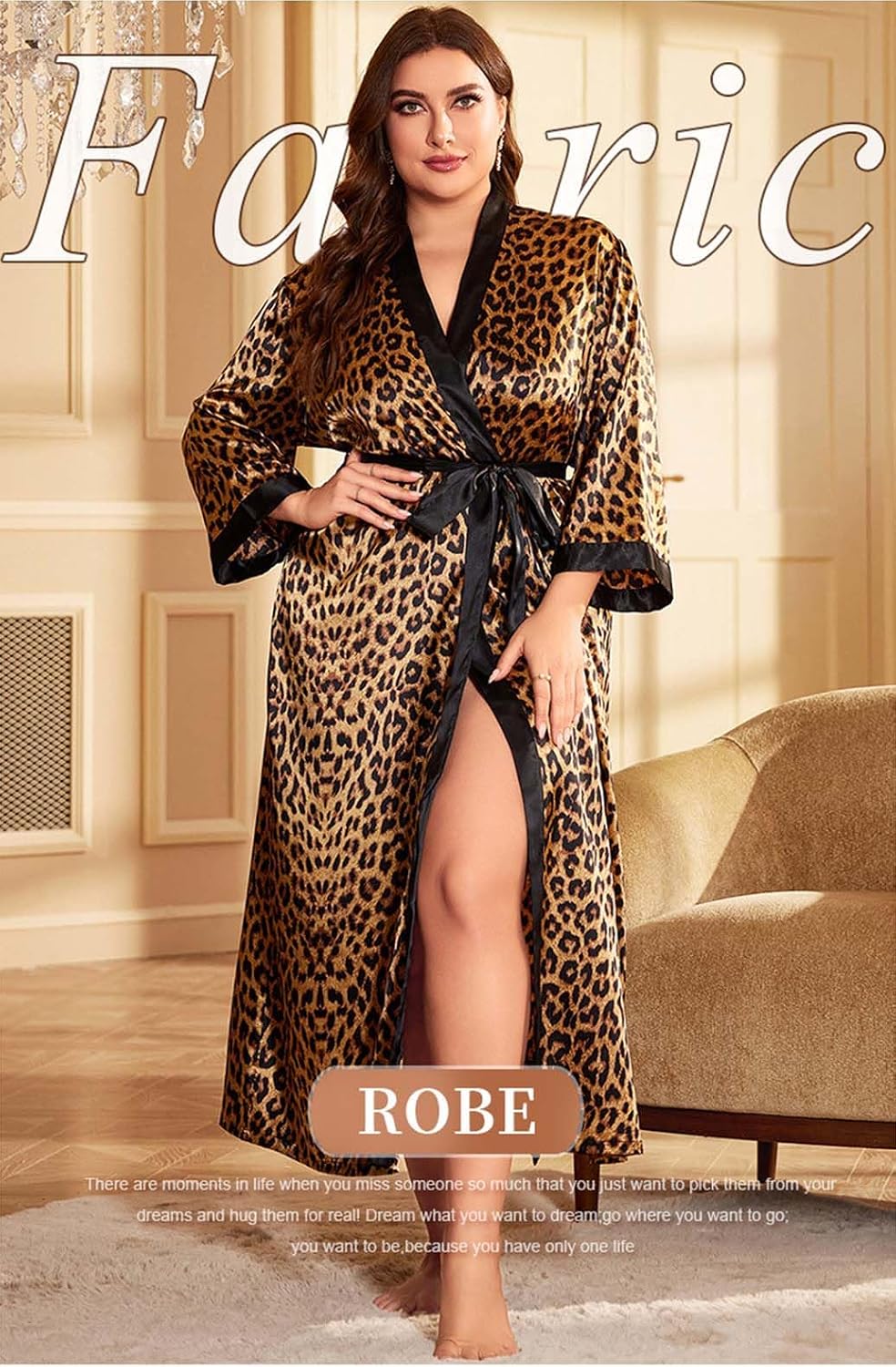 Women's Satin Kimono Robes Plus Size Leopard Print Robes Nightgown Bathrobe XL-5XL