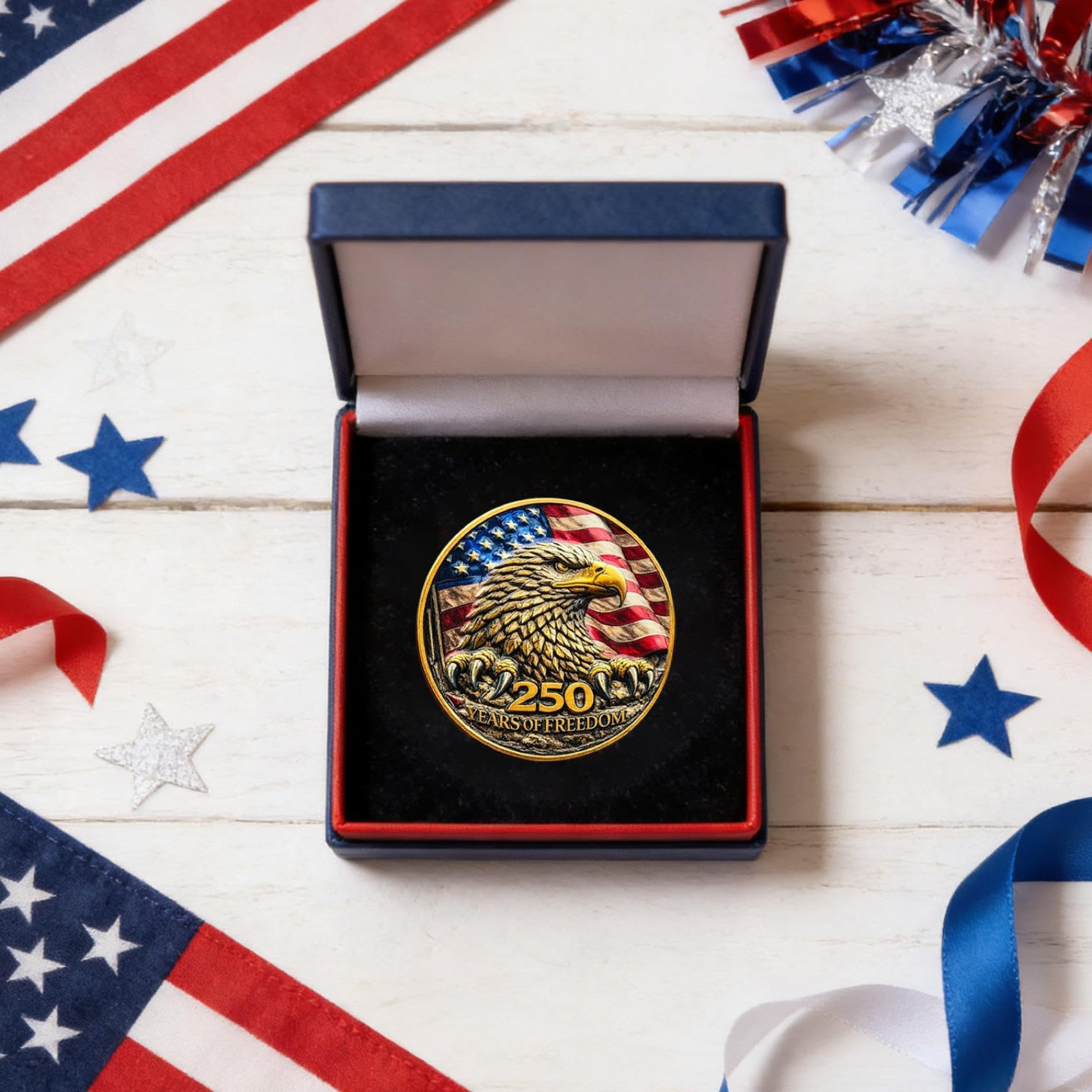 250th Anniversary USA Commemorative Coin Set including Wooden Gift Box, Patriotic Eagle & Liberty Bell Coins - Image 4