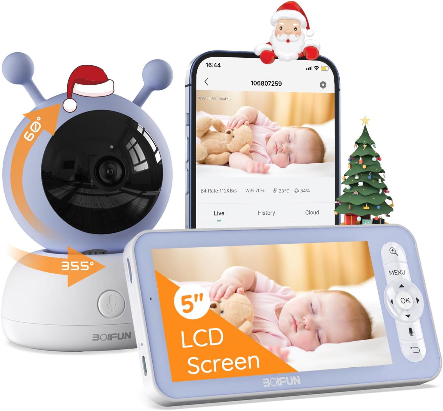BOIFUN 5" Baby Monitor, 1080p WiFi Baby Monitor Via Screen and App Control, Video Record & Playback, Temper & Humidity Sensor, Night Vision, 2-Way Audio, Motion&Sound Detection, with Wall Mount Base