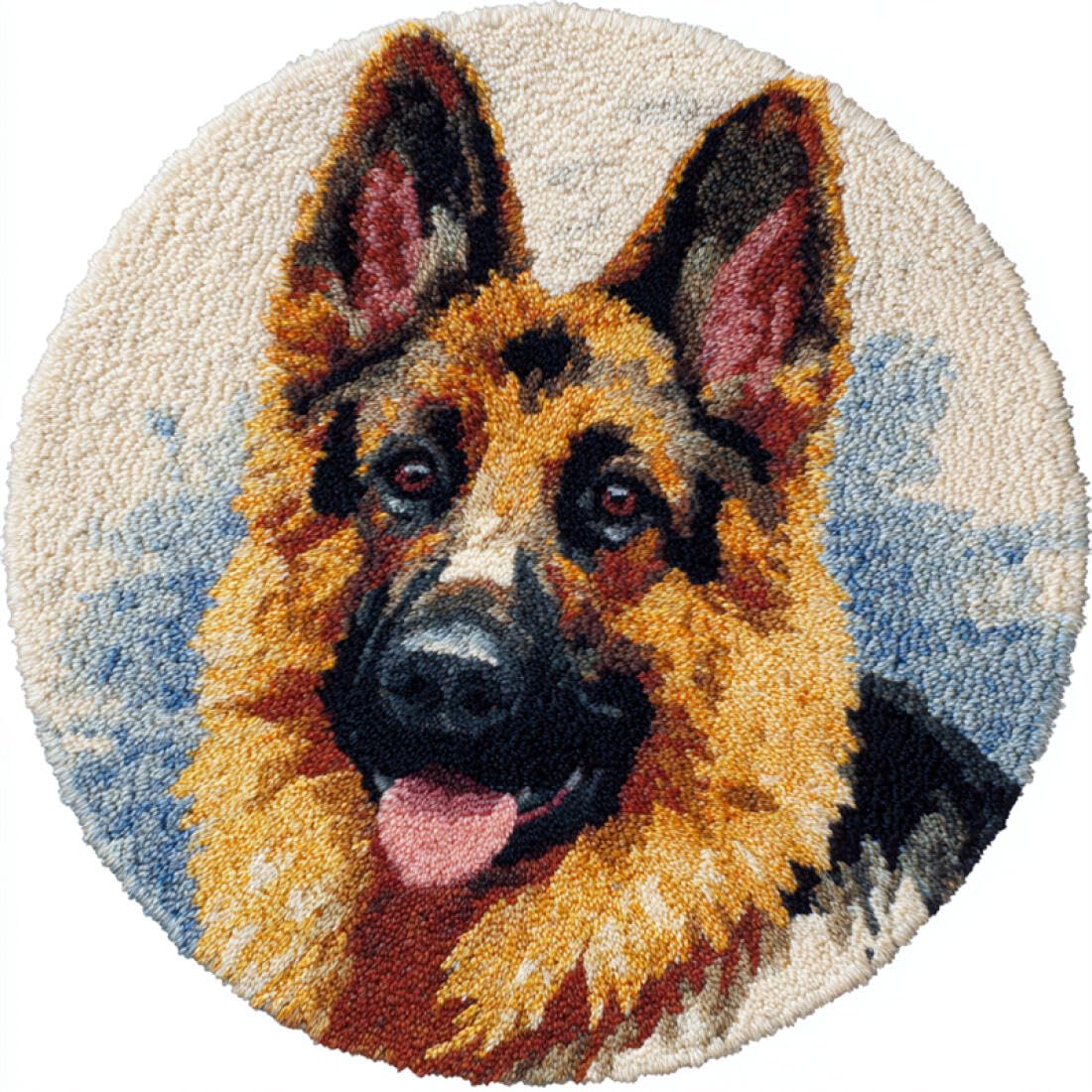 Rqwybcaxn DIY Latch Hook Rug Kit for Adults Animal Embroidery Kit German Shepherd Portrait 50x50cm Round Washable Area Rug Living Room Wall Hanging
