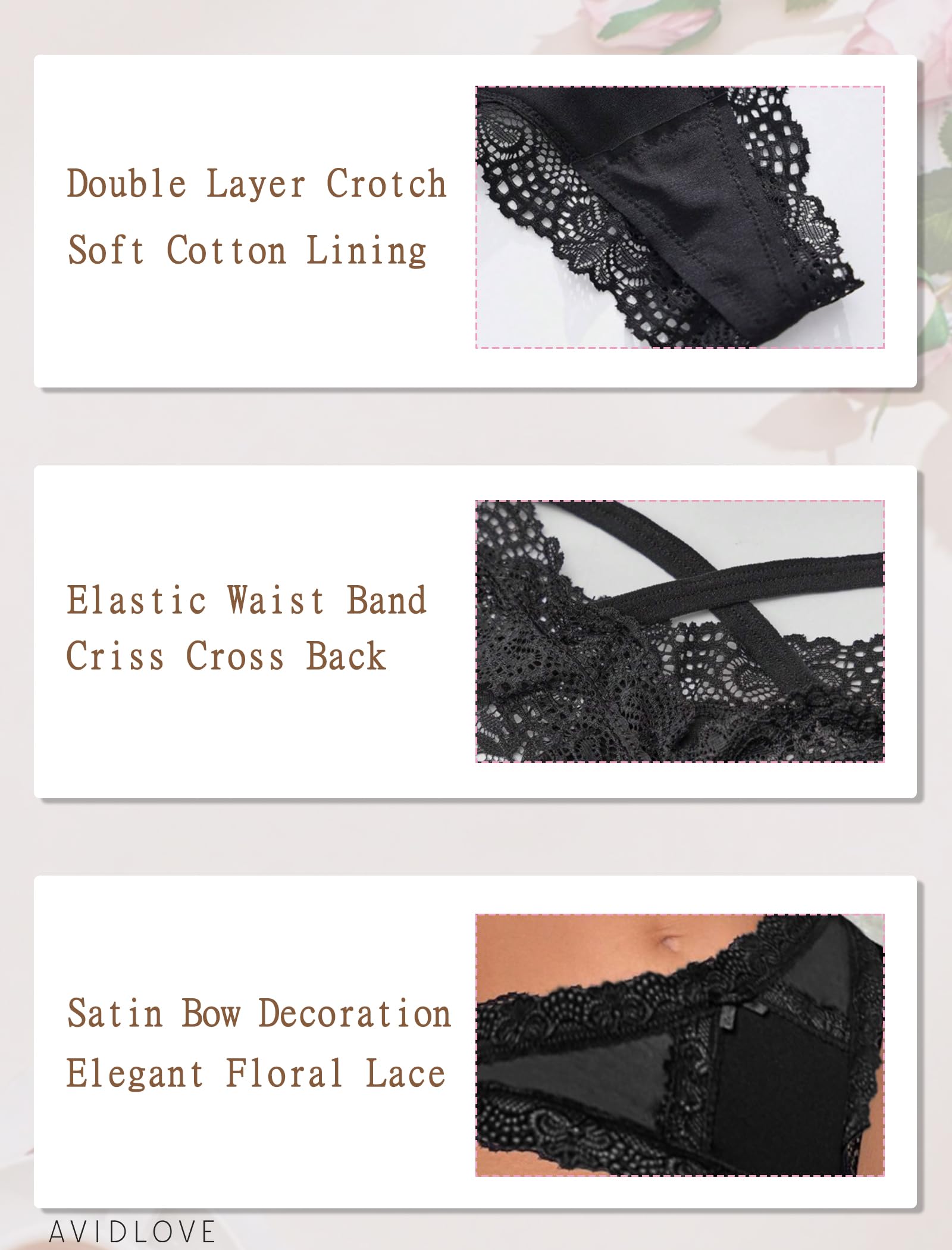 Avidlove Lot de 1 à 3 tangas sexy en dentelle pour femme Taille basse avec dos croisé