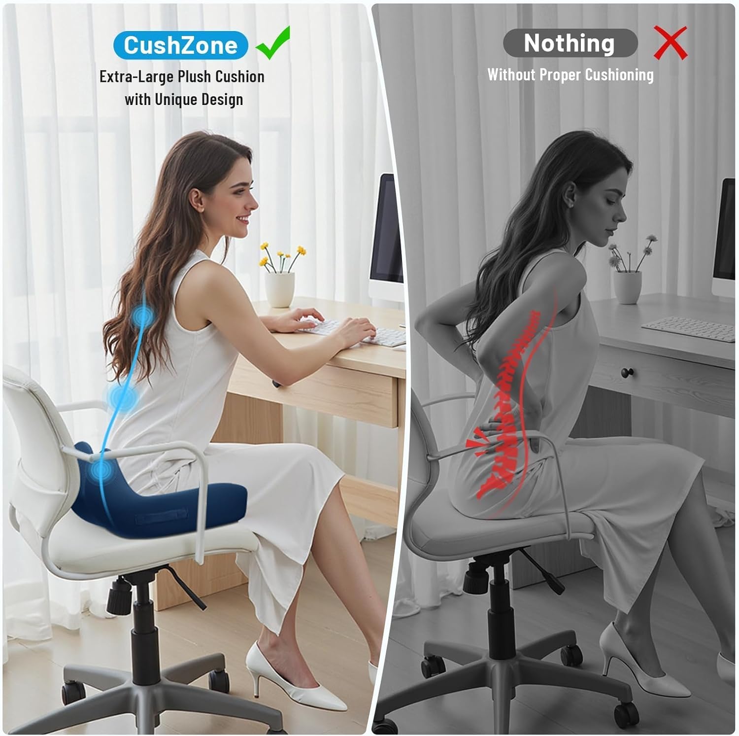 Seat Cushion, Memory Foam Office Chair Cushions, Ergonomic Curved Design for Sciatica, Tailbone, Coccyx, Seat Support for Car, Desk Chair, Wheelchair, Enhances Long Sitting Comfort (Blue) - Image 6