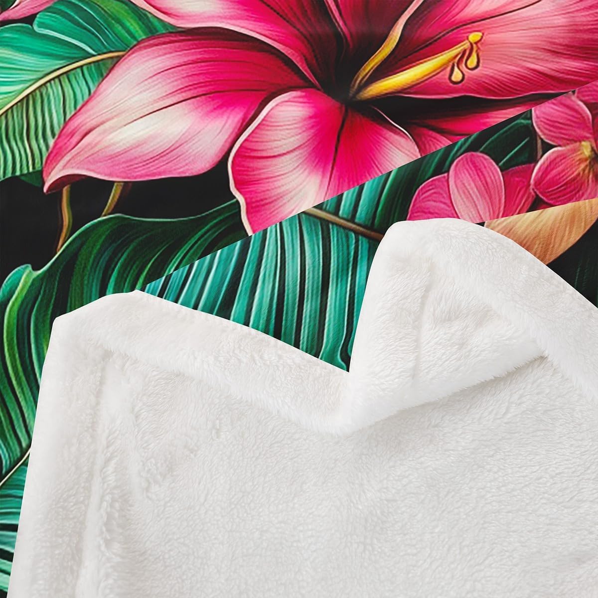 Tropical Fleece Blanket,Hawaiian Plumeria Flowers Watercolor Bed Blanket for Kids Teens,Jungle Botanical Palm Leaves Green Flannel Blanket for Room Decor,Queen 90"x90"