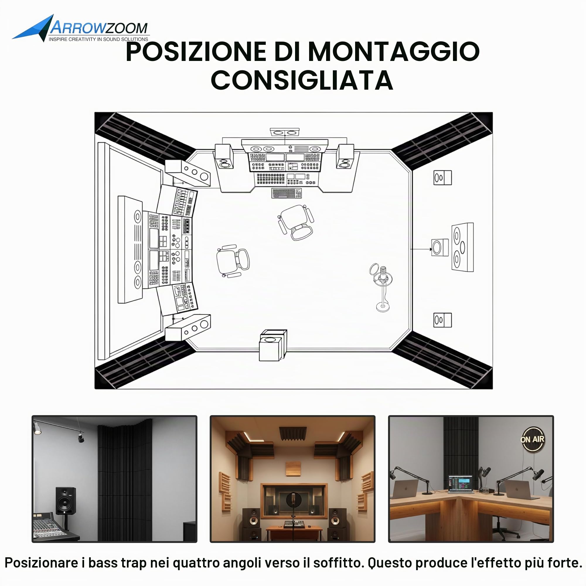 Arrowzoom 12 Pannelli Fonoassorbenti Bass Trap Correzzione acustica Ritardante di Fiamma Isolamento Acustico 12x12x24cm Nero