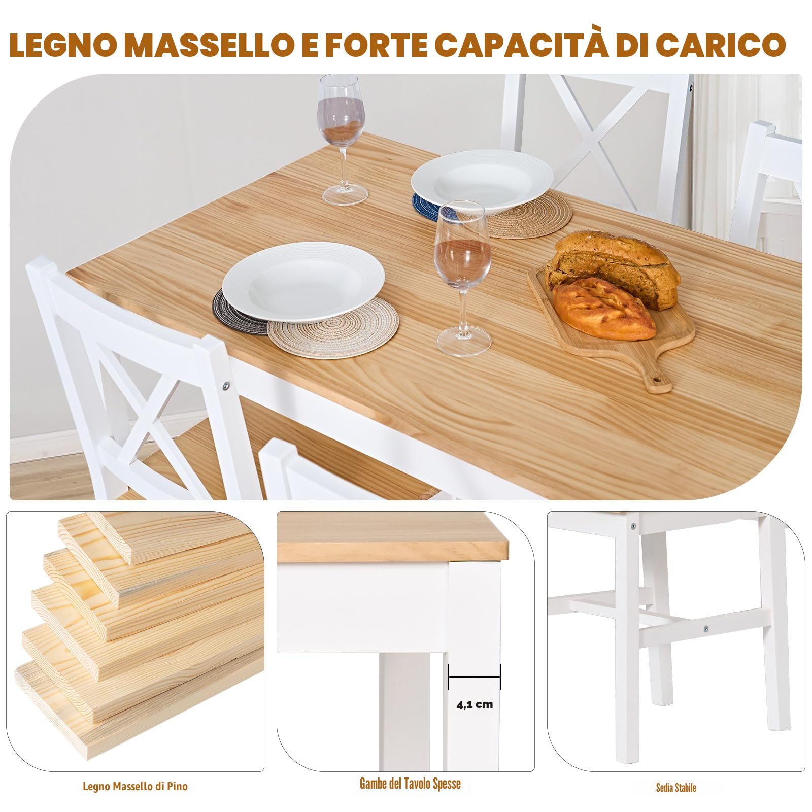 sogesfurniture Set da pranzo da 5 pezzi con tavolo da pranzo 108 x 65 x 73 cm e 4 sedie, tavolo rettangolare da cucina per soggiorno, sala da pranzo, bianco e teak, 10QDLC