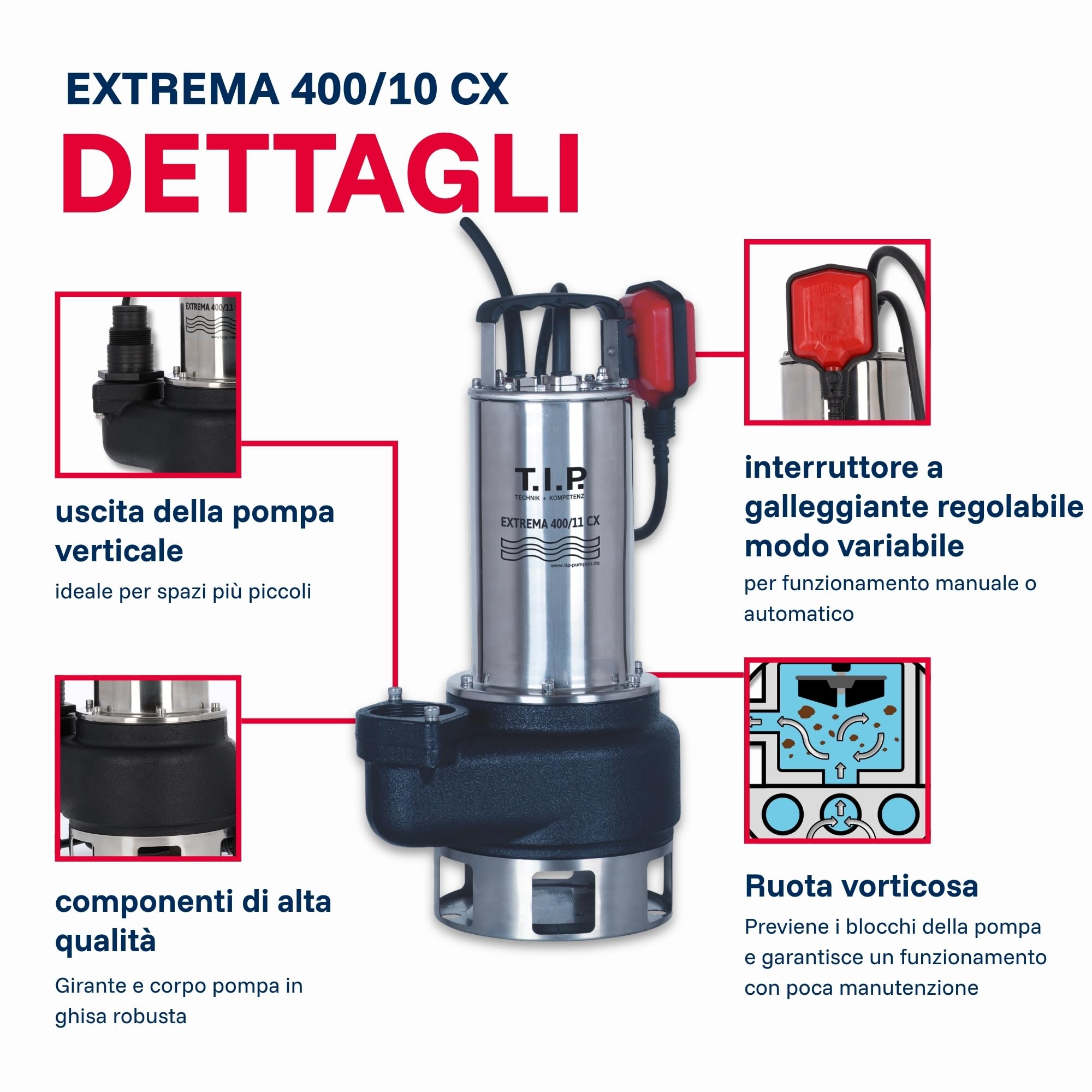 Pompa sommersa professionale per acque sporche T.I.P. - Acciaio inossidabile (portata 42.000 l/h, prevalenza 16 m, pressione 1,6 bar, granulometria 50 mm, acqua di lavaggio) Extrema 700/16-3 IX