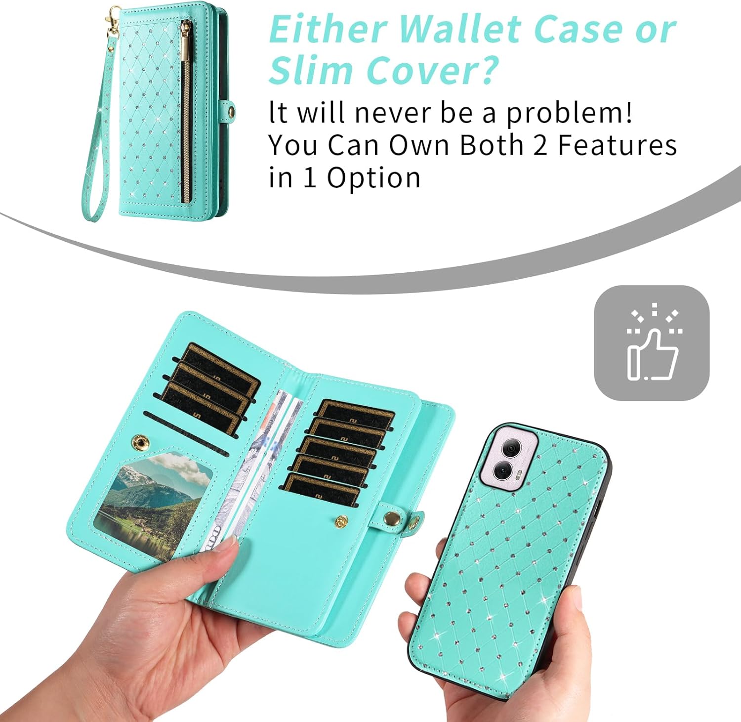 Asuwish Phone Case for Motorola Moto G Power 5G 2024 Zipper Wallet Detachable Magnetic Cell Cover with Tempered Glass Screen Protector Crossbody Strap Bling Flip Credit Card Holder G5 Women Girls Teal