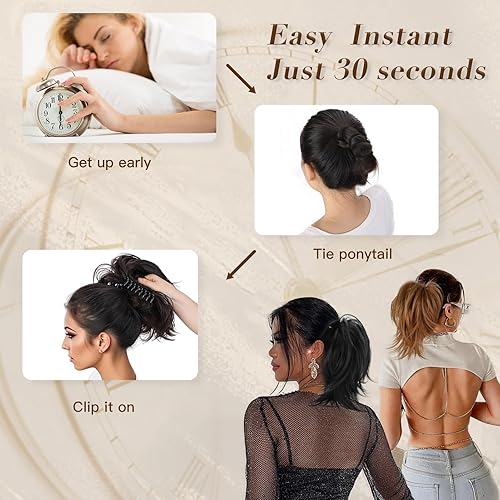 Miniatura 5 de NANNAN Extensiones de cabello corto con clip de garra, cola de caballo de metales flexibles, pieza de cabello sintético para moño, cabello lacio y