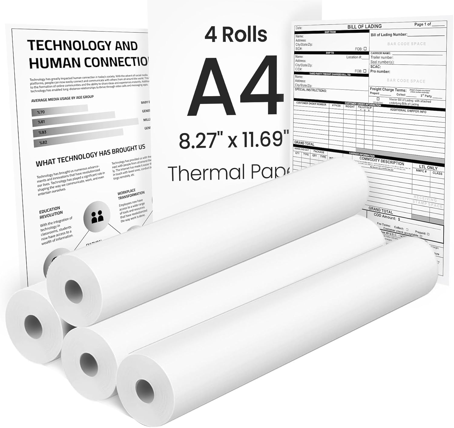 TATTMUSE Bluetooth Portable Thermal Printer Black & 4 Rolls 8.27"x11.69" A4 Size Thermal Paper