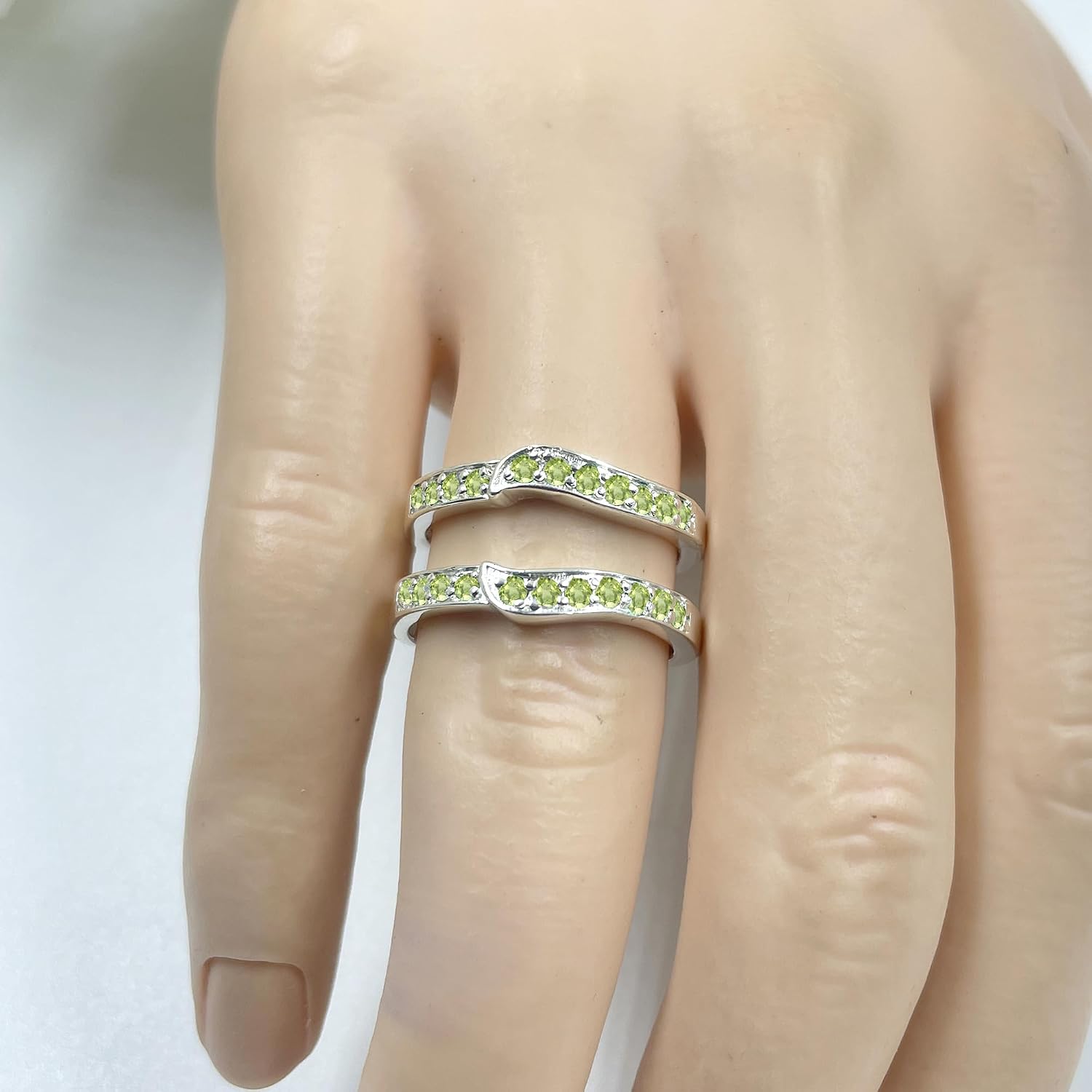 Round Cut Peridot Wedding Enhancer Guard for Women, 14K Gold Plated Silver August Birthstone Peridot Contour Curve Wrap Guard Ring