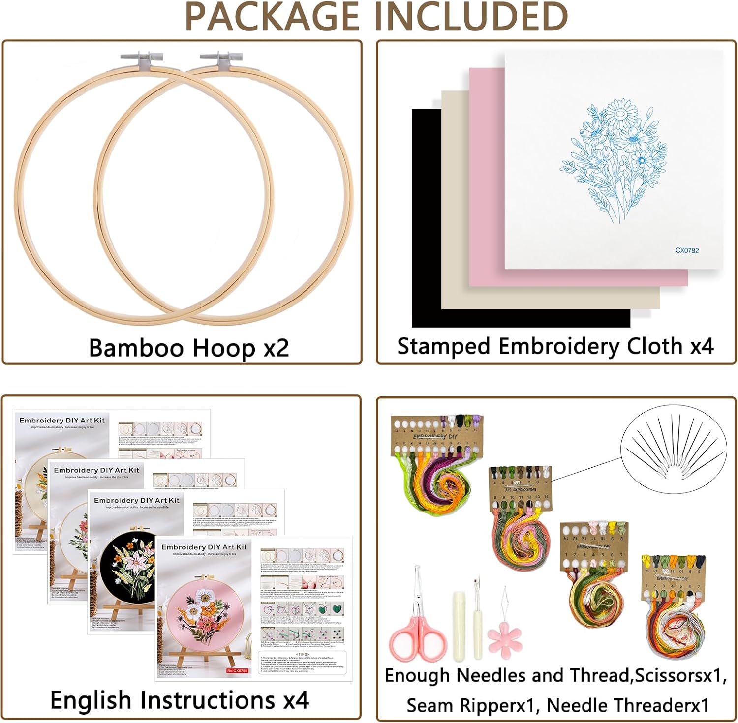 Picoey Flower Embroidery Kit for Beginners with Flower Pattern and Instructions,4 Pack Cross Stitch Kits,2 Wooden Embroidery Hoops,Threads and Needles,Needlepoint Kit for Adults