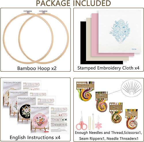 Miniatura 2 de Kit de bordado para principiantes, paquete de 4 kits de punto de cruz, 2 aros de bordado de madera, tijeras, agujas e hilos de color, kit de punto