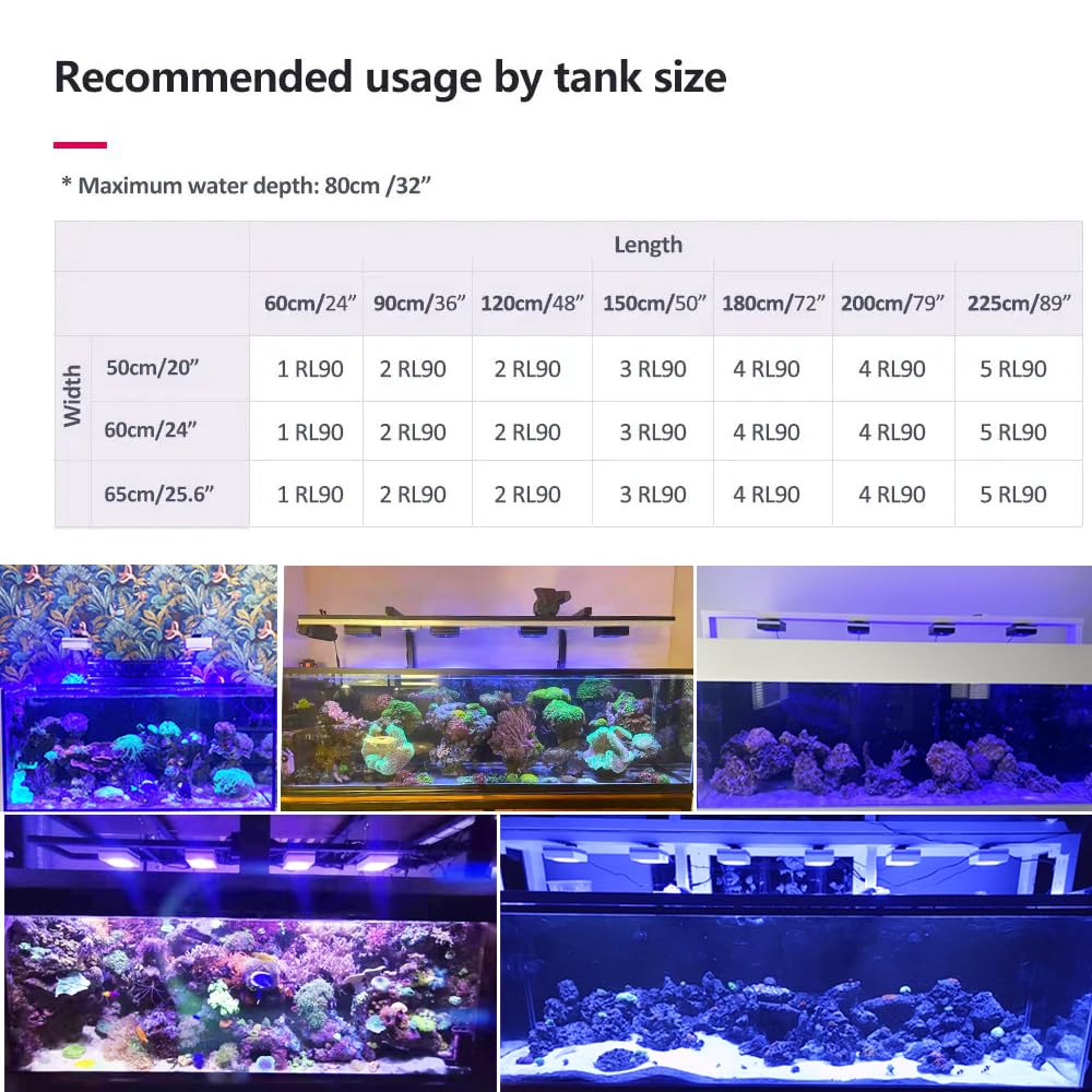 PopBloom RL90 con control WiFi Iluminación LED para acuarios marinos Nano Luces para acuarios marino Luz LED de espectro completo para peceras Corales SPS LPS y peces de agua salada 40-70cm