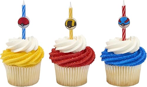Miniatura 8 de Velas de pastel de cumpleaños Pokémon  6 velas de cumpleaños para decoración de pasteles, velas de rayas rojas, azules y amarillas, decoraciones de
