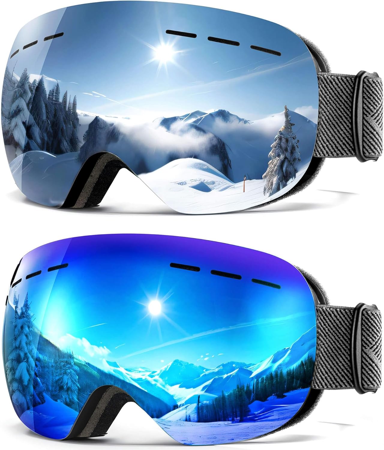 QALLY 2Pack Ski Goggles for Men Women Snow Goggles Anti fog Snowboard Goggles with 100% UV Protection