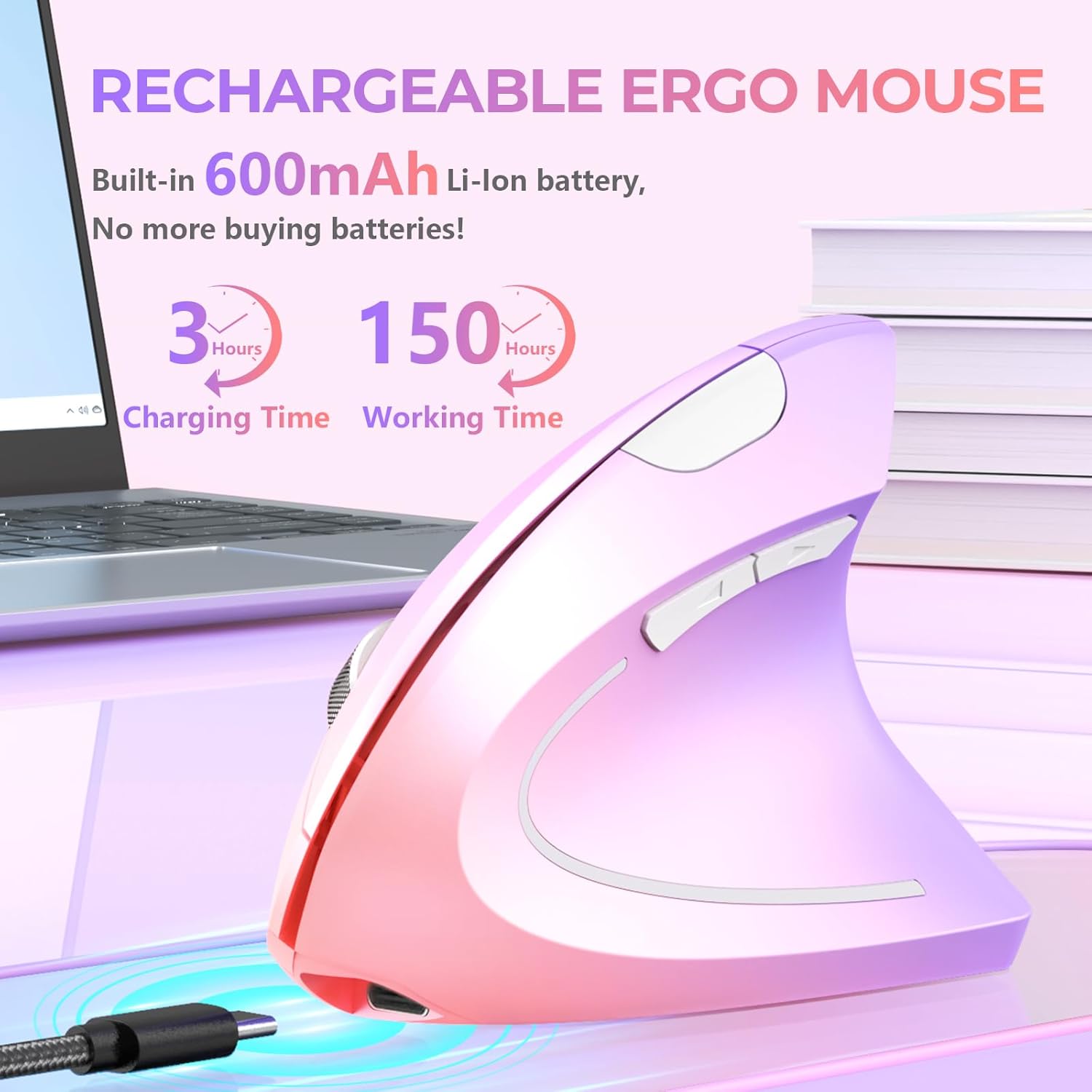 Lekvey Ergonomic Mouse, USB C Wireless Vertical Mouse, Dual Mode Rechargeable USB-A & Type-C Ergo Mouse, 1600 DPI, Relieves Wrist Pain and Carpal Tunnel, for Laptop Computer Mac MacBook, Pink Purple