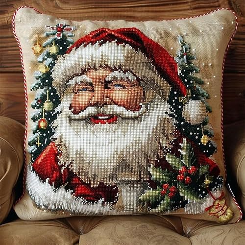WallustrioaW Christmas DIY Rug Pillow Cover Latch Hook Cushion Kits,Cute Santa Claus,Needlework Pillow Cover Sofa Cushion Rug Making Kits,DIY Craft Gift Kits,17x17inch