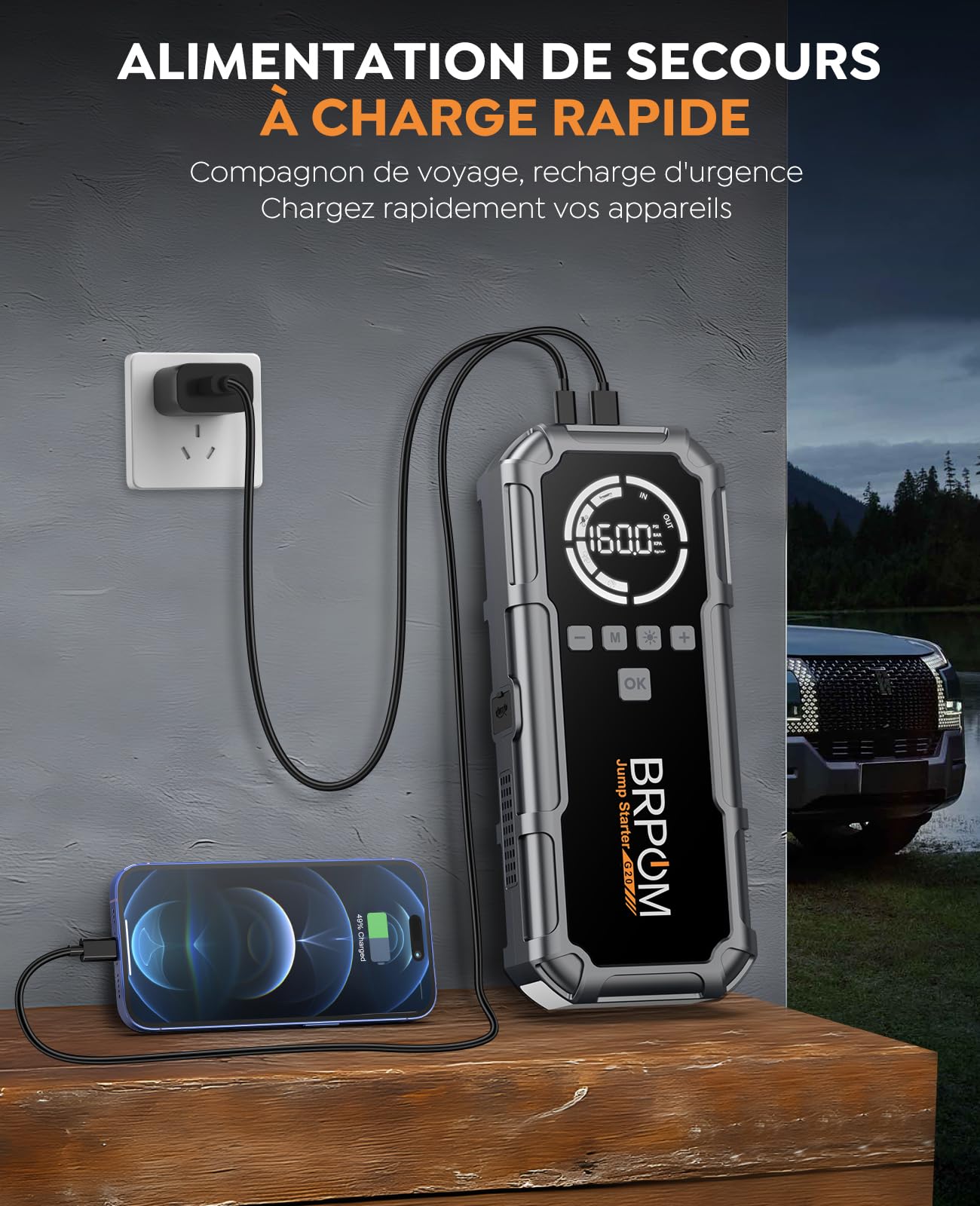 BRPOM Booster Batterie avec Compresseur, 8000A Démarreur Batterie Voiture, 160PSI Gonfleur de Pneus, 12V Jump Starter, Tout Gaz ou 10L Diesel, Écran LCD, Eclairage de Secours, Banque d'alimentation