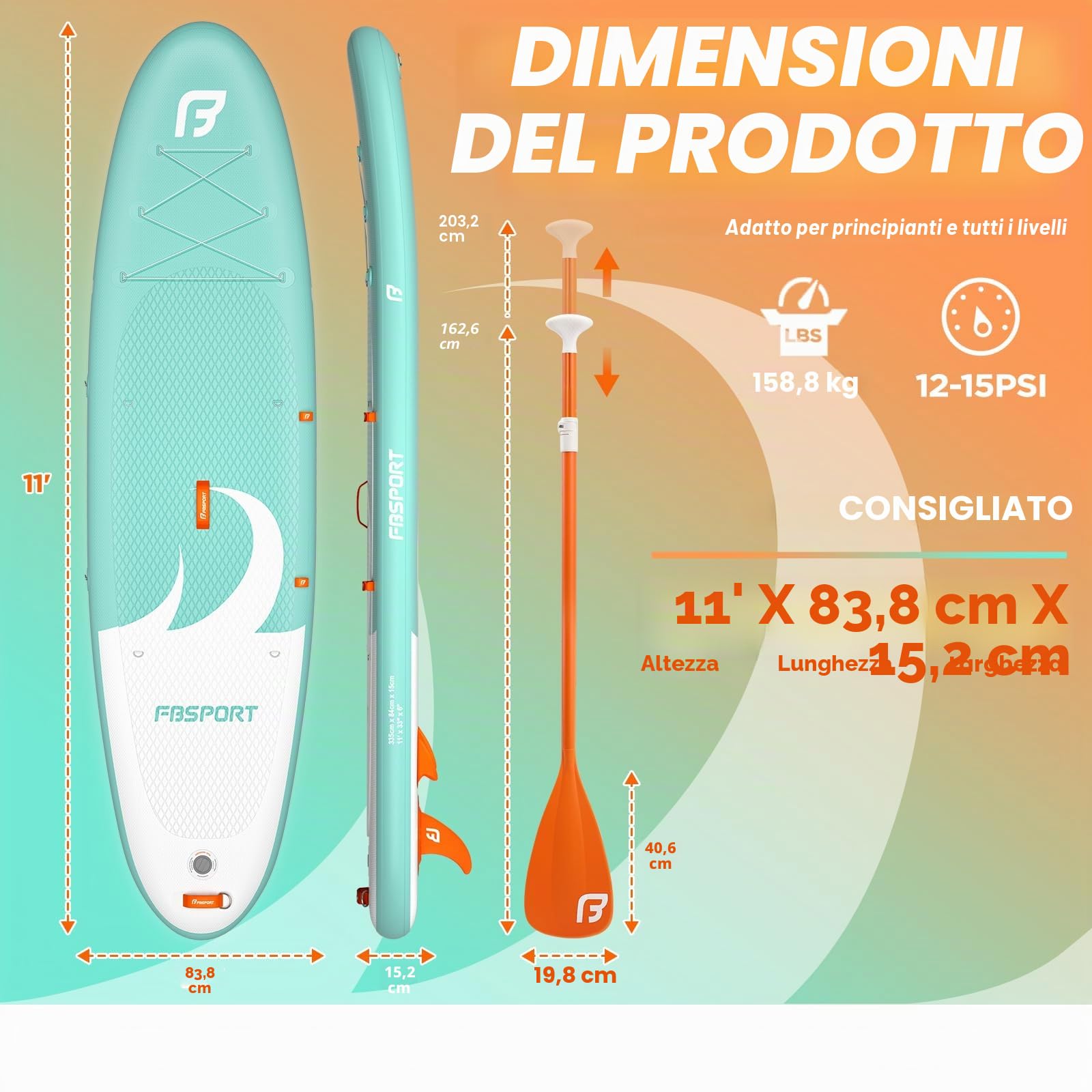 FBSPORT Tavola SUP Gonfiabile 335cm Stand Up Paddle Board Spessa 15cm con Pagaia Regolabile, Zaino, Pompa e Pinna Rimovibile