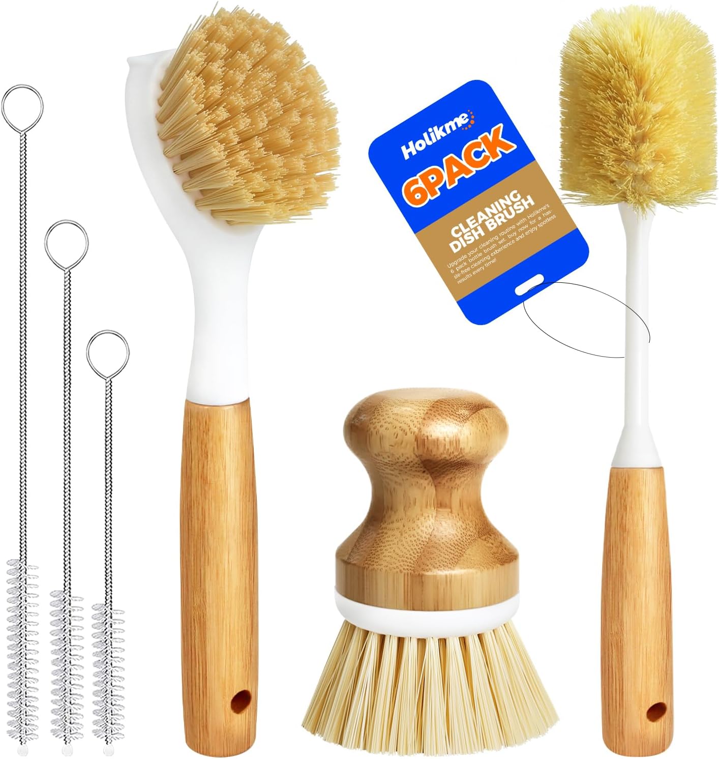 Holikme 6 Pack Dish Brush Scouring Pad Set with Bottle Brush, Dish Brush, Palm Scrub Brush and Straw Brush, Dish Scrubber Long Handle for Dish Bottle Cup Skillet Wok Pot Pan Cast Iron, Yellow
