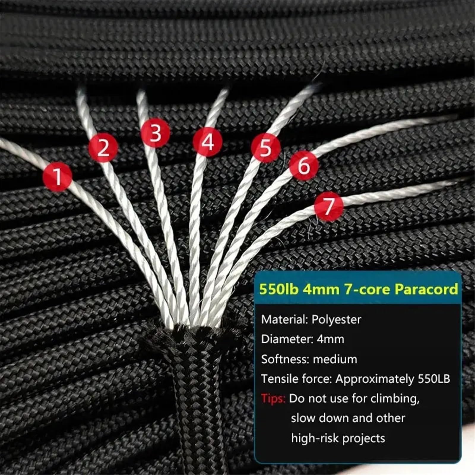 Paracord, 7 rdzeni 550 przewód paracord o średnicy 100 m 4 mm na zewnątrz smycz survivalowa kemping lina spadochronowa akcesoria do namiotów turystycznych bransoletka zrób to sam(01)