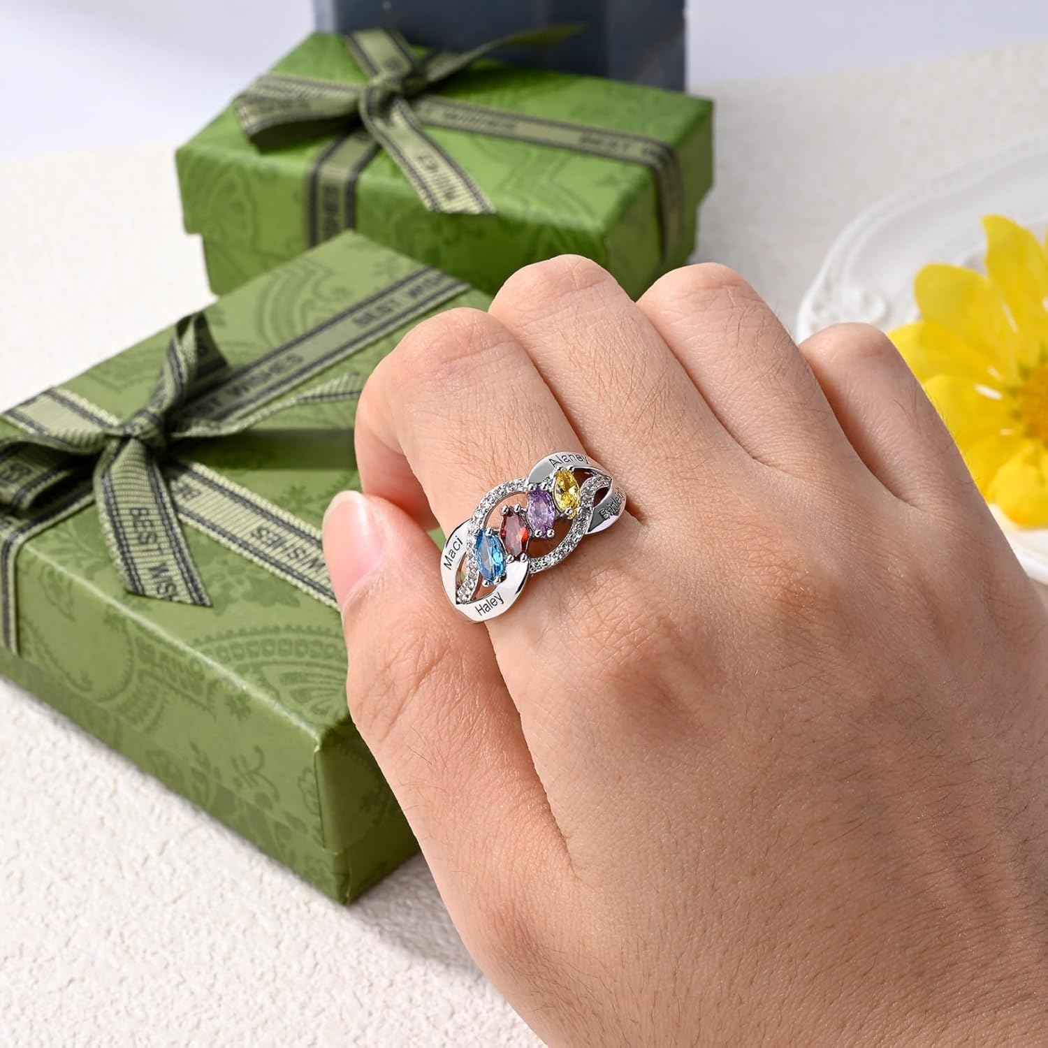 S925 Sterling Silver Mothers Rings with 4 Birthstones and Names Personalized Birthstones Ring for Mother Custom Engraved Family Rings for Women