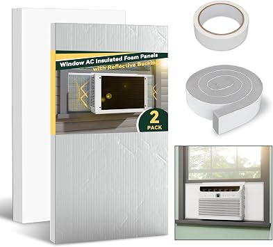Flehomo Window Air Conditioner Insulation Foam Panels with Aluminum Foil Surface, AC Side Panels Kit with Top Seal Strip, Surround Insulated Side Panels for Indoor Unit, Waterproof & Reflect Sunlight