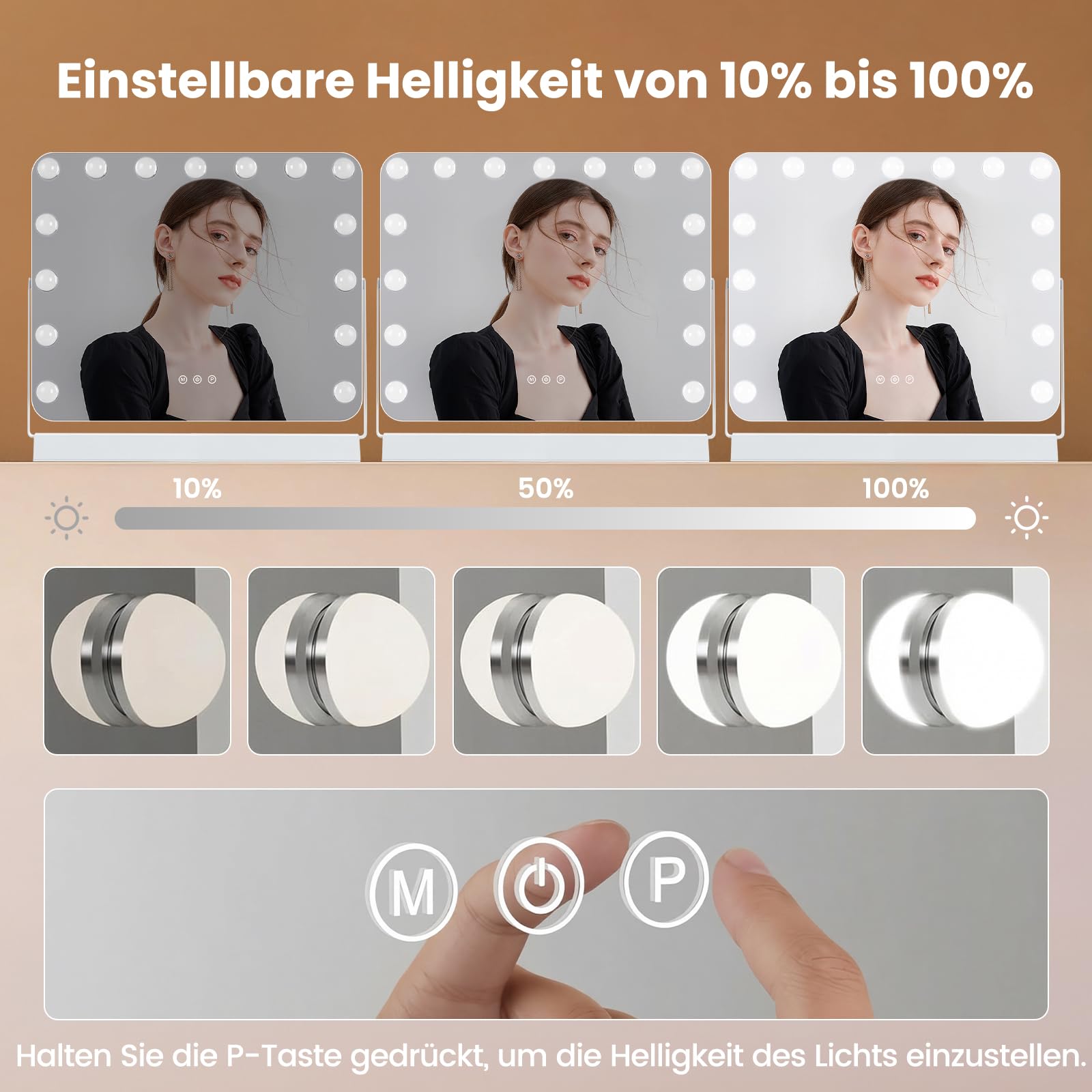 Hollywood Schminkspiegel mit Beleuchtung, 58×54 cm Kosmetikspiegel mit dimmbar 15 LED Licht, 3 Farbmodi, Smart Touch Steuerung Spiegel, 360° Drehbarer Tischspiegel für Schminktisch Schlafzimmer