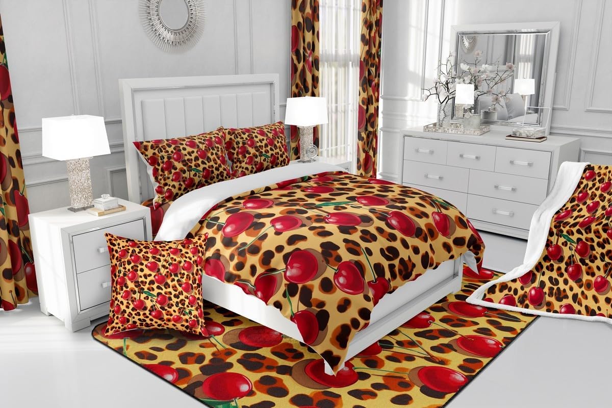 Feelyou Leopard Decorative Carpet Red Cherry Cheetah Print Living Room Rugs for Kids Boys Girls Animal Fur Print Area Rug 5x7 Leopard Indoor Floor Mat