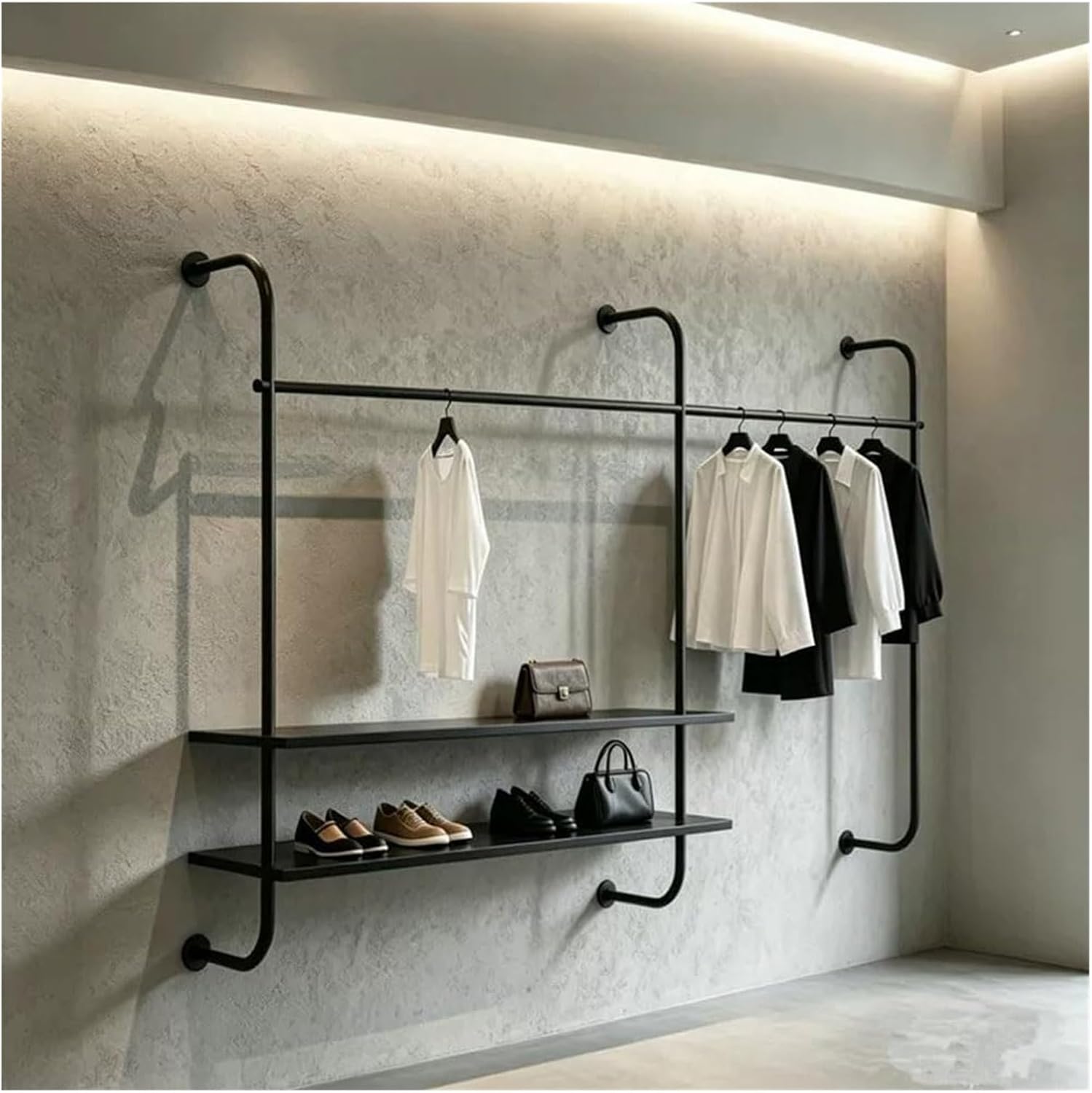 MXL&LJB Industrial Pipe Clothes Racks with Shelves, Wall Mounted Heavy Duty Clothing Rack Rod for Wardrobe, Bedroom and As Walk-in Closet System(200cm)