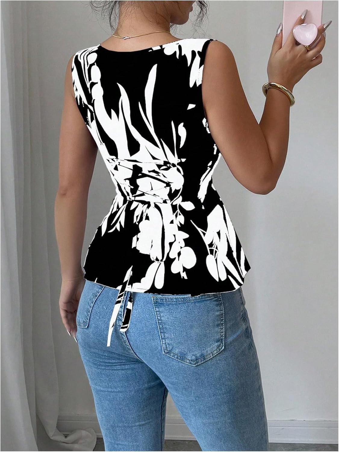 Women's Summer Lace Up Square Neck Tank Top Elegant Printed Sleeveless Dressy Casual Tops - Image 2