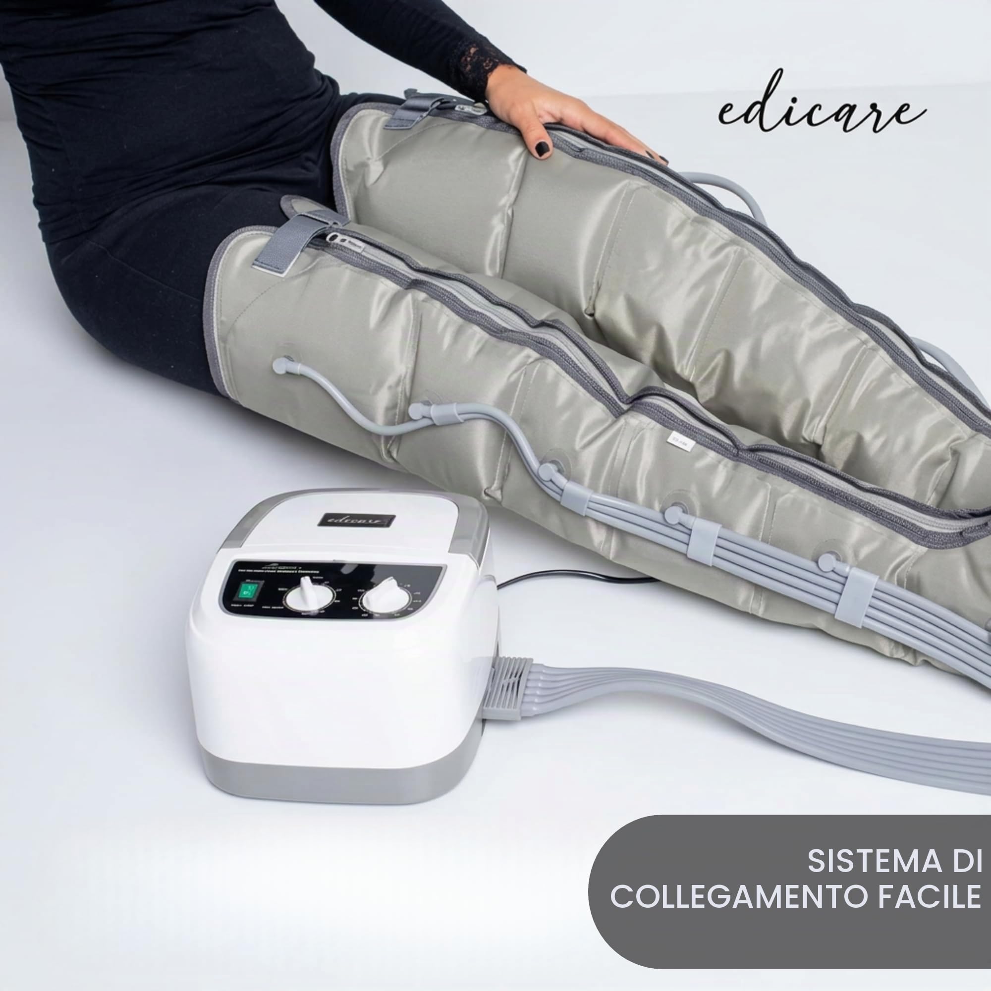 Edicare, Pressoterapia per Casa, Linfodrenaggio, Professionale, Apparecchio Massaggiatore, Gambe e Piedi, Anticellulite, 6 Camere d’aria (Dispositivo e gambali)