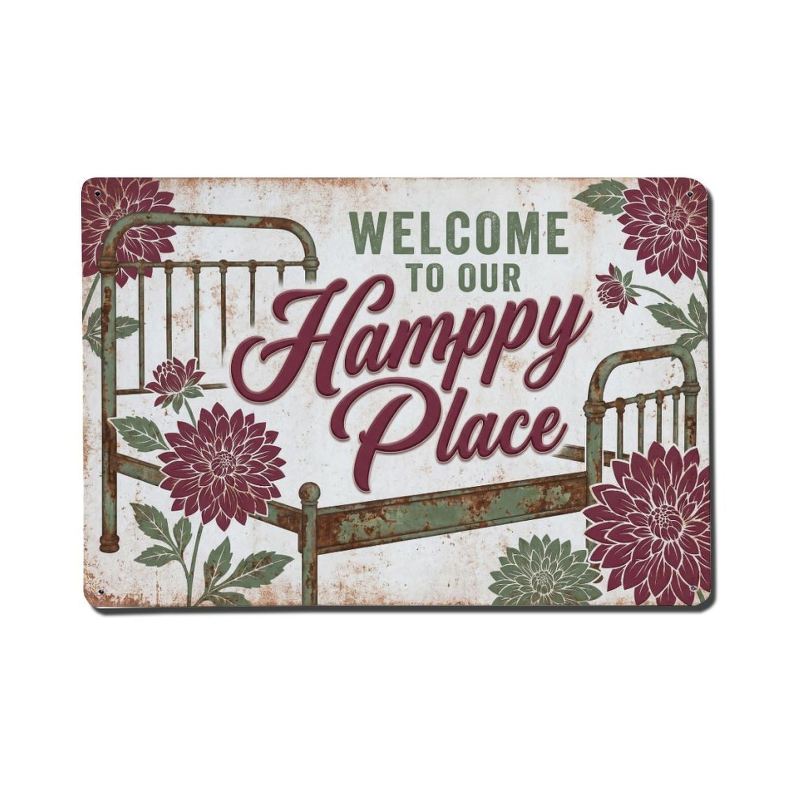 Fqnyr Style Welcome To Our Happy Place Dahlia Bed Metal Tin Sign Plaque Wall Decor For Cafe, Club Bar, Office, Home Garden Metal Poster 8X12inch