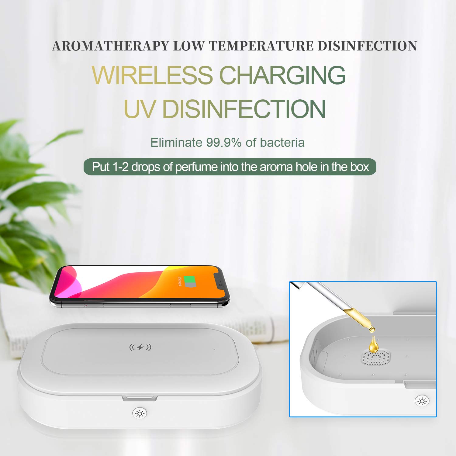 Boîte de désinfection à lumière UV, machine de désinfection portable pour téléphone de voyage, multifonction, sans fil, rechargeable avec fonction d'aromathérapie pour bijoux, masques, lunettes, clés