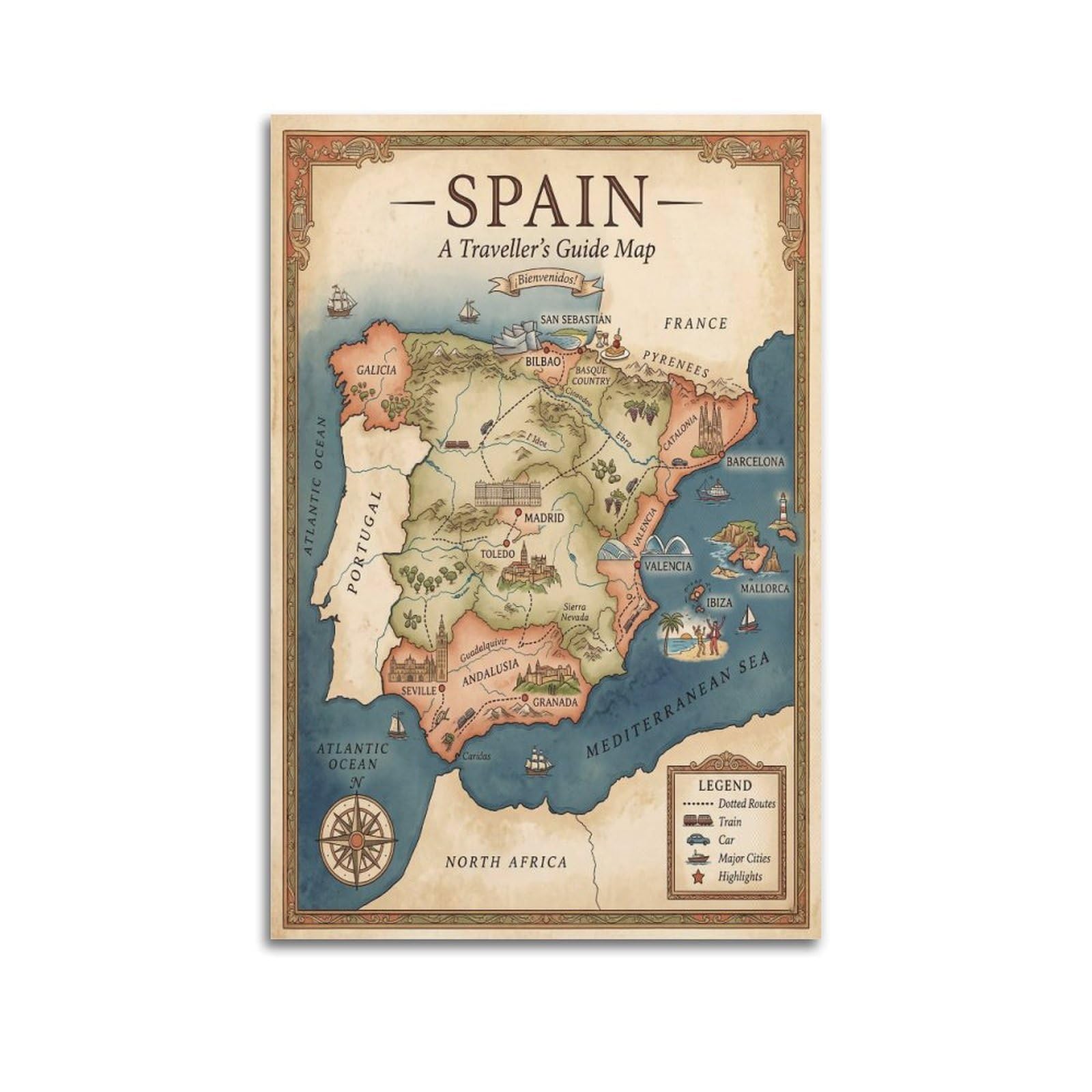 OKAHYS Vintage Spain Tourist Guide Map Poster Decorative Painting Canvas Wall Artworks Picture 20x30inch(50x75cm)