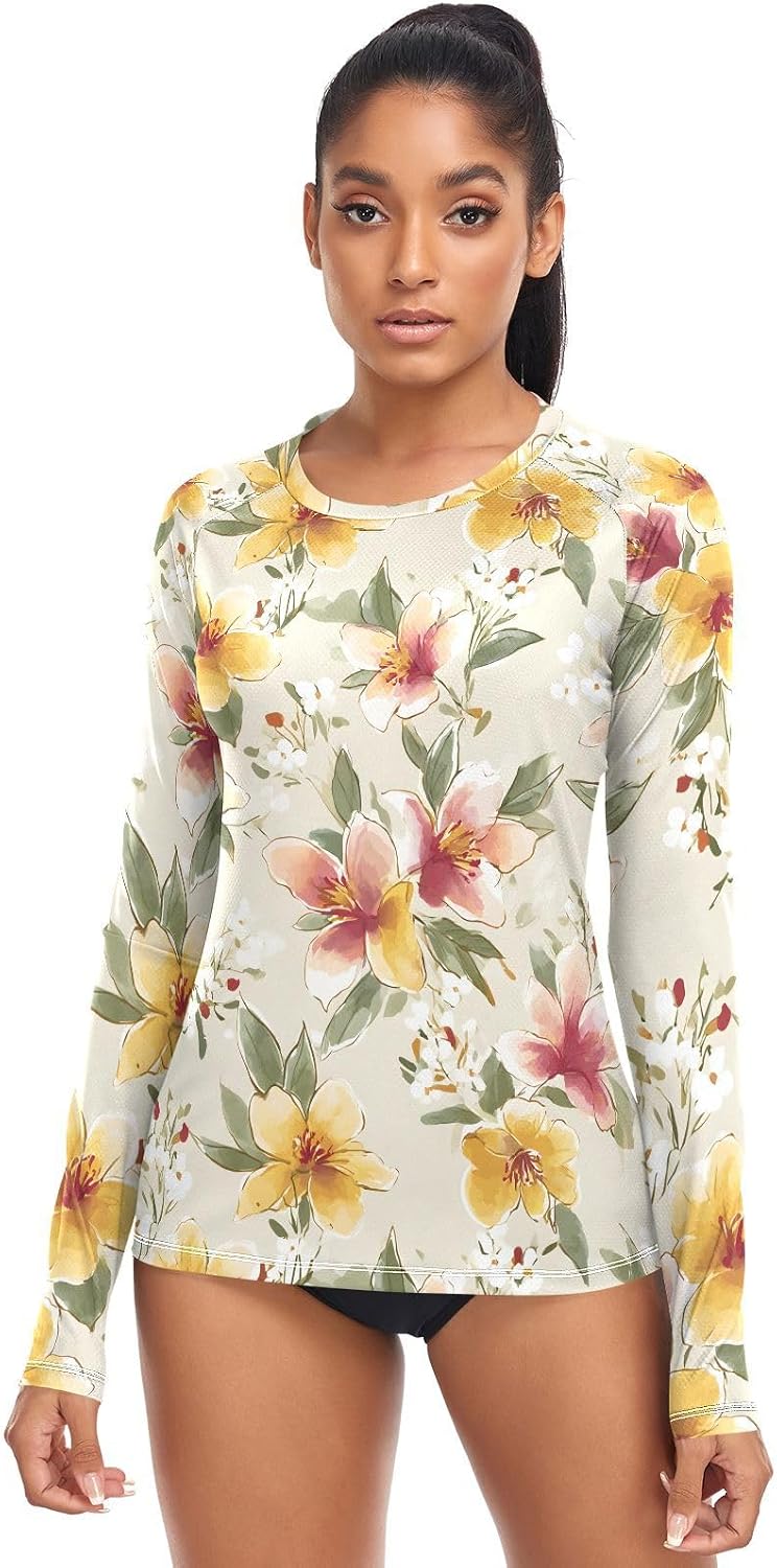 Colorful Butterfly Floral Rash Guard for Women UPF 50+ SPF Shirts Long Sleeve Swim Shirt Sun Protection Swimsuits