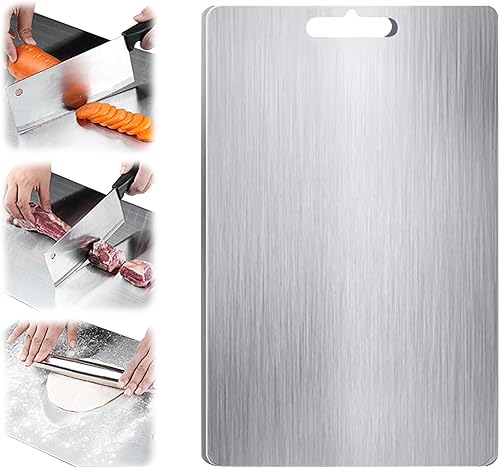 Tablas de cortar de acero inoxidable para cocina, tabla de cortar de doble cara resistente con asa, tabla de cortar de metal grueso (11.0 x 15.4 in)