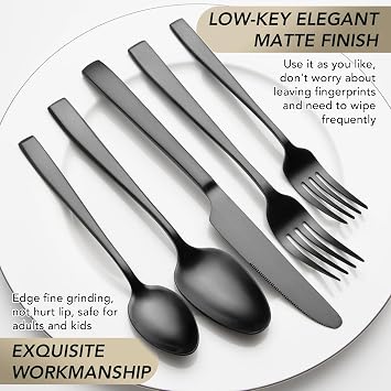 Matte Black Silverware Set, EIUBUIE 40-Piece Premium Stainless Steel Black Cutlery Set for 8, Matte Flatware Sets, Kitchen Utensils Sets Include Forks Spoons Knives