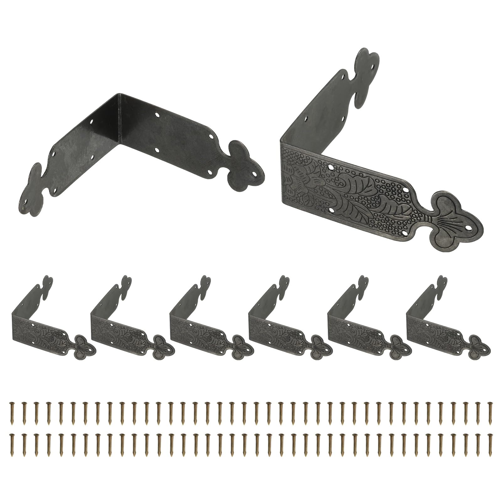 sourcing map 8 Pcs L Shaped Vintage Corner Protectors, 65 x 24 mm Decorative Guards, Protector Corner Braces with 80Pcs Nails for Cabinets Furniture Wooden Boxes, Black